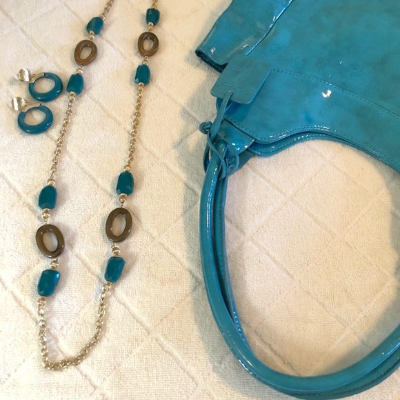 Neiman Marcus shiny teal beach bag tote - Picture 2 of 7